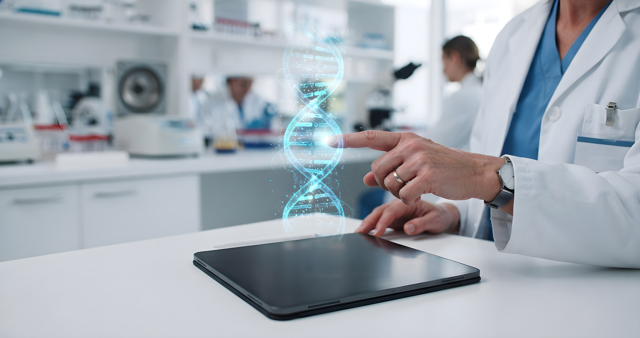 A researcher in a laboratory examining a DNA sequence on a tablet.